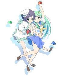  2girls alternate_costume black_hair commentary_request frog_hair_ornament green_eyes green_hair hair_ornament hat kochiya_sanae long_hair multiple_girls murasa_minamitsu navel one_eye_closed sailor sailor_hat school_uniform serafuku short_hair skirt snake_hair_ornament touhou ufo wara_(warapro) 