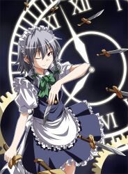  apron braid clock commentary_request dagger female gears grey_hair izayoi_sakuya knife maid maid_headdress one_eye_closed photoshop_(medium) red_eyes rimibure solo touhou twin_braids weapon 