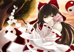  bad_id bad_pixiv_id bow brown_hair covering_face detached_sleeves female gohei hairbow hakurei_reimu highres jitome nishikujic pale_skin red_bow red_eyes solo talisman touhou tree yin_yang 