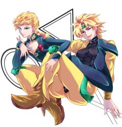  2boys absurdres androgynous bad_id bad_pixiv_id blonde_hair dio_brando father_and_son giorno_giovanna green_eyes highres hotaru_suke_:_jonadeio jojo_no_kimyou_na_bouken male_focus multiple_boys pectoral_cleavage pectorals red_eyes simple_background stardust_crusaders vento_aureo 