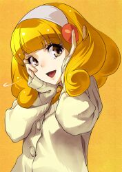  :d blonde_hair cardigan commentary_request eyelashes female hairband hands_on_own_cheeks hands_on_own_face open_mouth photoshop_(medium) precure school_uniform shimotsuki_eight smile smile_precure solo white_hairband yayoi_kise yellow_background yellow_eyes 