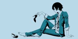  androgynous aqua_theme black_hair blue_eyes blue_theme commentary_request crossdressing crossed_legs female formal gintama high_heels looking_away monochrome necktie pant_suit pants parody persona persona_4 profile reverse_trap shirogane_naoto shoes short_hair sitting solo suit uzu_hi wavy_hair 