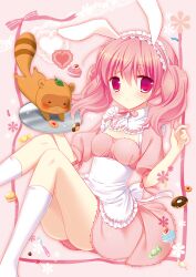  animal_ears aono_ribbon apron bad_id bad_pixiv_id blush female headdress inu_x_boku_ss kneehighs maid photoshop_(medium) pink_eyes pink_hair rabbit_ears ribbon roromiya_karuta socks tanuki tray twintails watanuki_banri white_legwear 