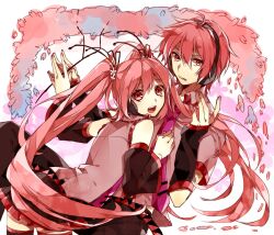  1boy bad_id bad_pixiv_id detached_sleeves dual_persona female genderswap_(ftm) hatsune_miku hatsune_mikuo headset long_hair looking_back necktie open_mouth red_eyes red_hair rule_63 sakura_miku sakura_mikuo skirt twintails very_long_hair vocaloid wonoco0916 