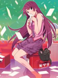  bad_id bad_pixiv_id bakemonogatari barefoot blue_eyes female flood japanese_cylindrical_postbox japanese_postal_mark letter long_hair long_legs love_letter monogatari_(series) naoetsu_high_school_uniform nisemonogatari no_legwear official_art postbox_(outgoing_mail) purple_hair school_uniform senjougahara_hitagi shoes sleeves_rolled_up soaking_feet solo third-party_source unworn_shoes watanabe_akio water 