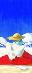  beach bikini blue_sky commentary_request day female flat_chest flip-flops hat highres kazami_yuuka kinosaki looking_at_viewer outdoors pale_skin red_eyes sandals shoe_dangle shoes single_shoe sitting sky smile solo straw_hat sun_hat swimsuit touhou 