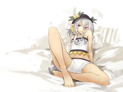  alternate_hair_color barefoot bow buronko buront commentary_request elf elvaan female final_fantasy final_fantasy_xi food fruit fusion grey_hair hat highres hinanawi_tenshi long_hair peach pointy_ears red_eyes shorts solo touhou white_shorts yunar 