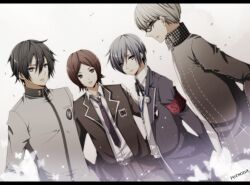  4boys aki_(chromaticclip) belt black_eyes black_hair blue_eyes blue_hair brown_eyes brown_hair commentary_request formal gekkoukan_high_school_uniform glasses grey_eyes grey_hair hands_on_own_hips jacket letterboxed looking_at_viewer looking_away loose_clothes loose_shirt multiple_boys narukami_yuu pants persona persona_1 persona_2 persona_2_tsumi persona_3 persona_4 school_uniform seven_sisters_high_school_uniform shirt st._hermelin_school_uniform standing suit suou_tatsuya toudou_naoya yuuki_makoto_(persona_3) 