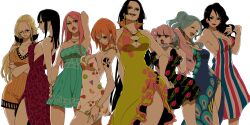  6+girls alternate_costume alvida_(one_piece) amazon_warrior black_hair blonde_hair blue_hair boa_hancock breasts candy cleavage closed_eyes commentary_request dress earrings food glasses highres jewelry jewelry_bonney kalifa_(one_piece) large_breasts lollipop long_hair mojisan_(ebimo) multiple_girls nami_(one_piece) necklace nefertari_vivi nico_robin one_piece orange_hair perona pink_hair ponytail short_hair side_slit smile snake_earrings tattoo 