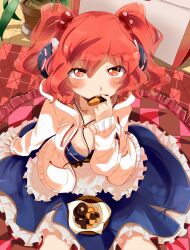  blush breasts bunsuke cleavage commentary_request eating female hair_bobbles hair_ornament headphones highres medium_breasts onozuka_komachi red_eyes red_hair short_hair solo touhou two_side_up 