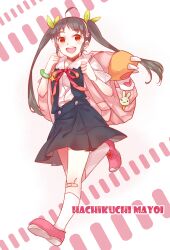  backpack bag bakemonogatari baronet black_hair character_name commentary_request female green_ribbons hachikuji_mayoi hair_ribbon hairband highres long_hair monogatari_(series) orange_eyes photoshop_(medium) ribbon school_uniform socks solo twintails 