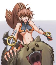  animal_ears antenna_hair bare_shoulders blazblue breasts brown_eyes brown_hair canine commentary crop_top english_commentary female fingerless_gloves gloves highleg highleg_panties highres hybridmink hype_dog large_breasts makoto_nanaya midriff navel panties squirrel_ears squirrel_girl squirrel_tail tail toned tonfa underboob underwear weapon 