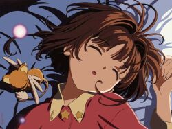  :o bed_sheet brown_hair cardcaptor_sakura closed_eyes female glowing hair_intakes head_tilt kero_(cardcaptor_sakura) kinomoto_sakura light_particles lolicon long_sleeves lying messy_hair official_art on_back on_bed open_mouth pajamas pillow portrait scan short_hair sleeping star_(symbol) star_print suzuki_norimitsu 