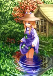  animal_print blonde_hair blue_eyes commentary_request female frog_print hair_ribbon hat moriya_suwako reflection ribbon rope shide shimenawa short_hair skirt skirt_hold smile solo touhou wading wasabichan water 