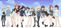  501st_joint_fighter_wing 6+girls bare_legs black_pantyhose blue_sky boots charlotte_e._yeager cloud day eila_ilmatar_juutilainen erica_hartmann everyone francesca_lucchini gertrud_barkhorn hattori_shizuka highres holding_hands hug legs lineup lynette_bishop military military_uniform minna-dietlinde_wilcke miyafuji_yoshika mochiya_marosuke multiple_girls no_pants no_socks panties pantyhose perrine_h._clostermann sakamoto_mio sanya_v._litvyak school_swimsuit shoes sky standing strike_witches striped_clothes striped_thighhighs swimsuit swimsuit_under_clothes thighhighs underwear uniform world_witches_series 