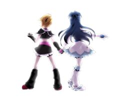  2girls backlighting black_footwear blonde_hair blue_hair boots commentary_request cure_black cure_white detached_sleeves elbow_gloves from_behind futari_wa_precure gloves half_updo holding_hands jun_(kyurisin) knee_boots long_hair magical_girl midriff misumi_nagisa multiple_girls precure short_hair white_background white_footwear yukishiro_honoka 