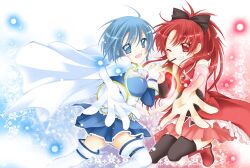  2girls ahoge bad_id bad_pixiv_id blue_eyes blue_hair bow cape commentary_request food gloves grin hairbow heart holding_hands interlocked_fingers long_hair mahou_shoujo_madoka_magica mahou_shoujo_madoka_magica_(anime) miki_sayaka miki_sayaka_(magical_girl) mouth_hold multiple_girls one_eye_closed outstretched_hand pocky ponytail red_hair sakura_kyoko sakura_kyoko_(magical_girl) sakura_mio_(vent) short_hair smile thighhighs white_gloves zettai_ryouiki 