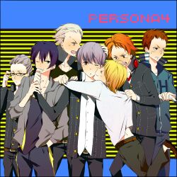  6+boys :o anger_vein annoyed bandaid belt blonde_hair blue_eyes blue_hair blush brown_eyes brown_hair closed_eyes commentary_request copyright_name glasses grey_eyes grey_hair hanamura_yousuke hands_in_pockets headphones headphones_around_neck ichijou_kou jacket jewelry konishi_naoki kuma_(persona_4) long_sleeves looking_at_viewer looking_away loose_clothes loose_shirt multiple_boys nagase_daisuke narukami_yuu necklace one_eye_closed pants persona persona_4 photoshop_(medium) purple_eyes school_uniform shirt shoes smile standing sweatdrop tatsumi_kanji wavy_mouth yellow_eyes yui_(marine-drive) 