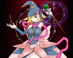  blonde_hair blush card commentary_request detached_sleeves dress duel_monster female gagaga_girl hat magic_circle red_eyes ribbon smile solo staff wizard_hat yu-gi-oh! yu-gi-oh!_zexal yuuge_ningen 