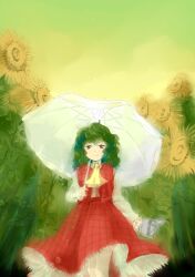  commentary_request female flower green_hair kazami_yuuka kinosaki looking_at_viewer smile solo sunflower touhou umbrella 