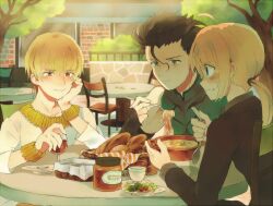  2boys ahoge alcohol artoria_pendragon_(fate) bad_id bad_pixiv_id black_hair blonde_hair blush bracelet bread diarmuid_ua_duibhne_(lancer)_(fate) eating fate/zero fate_(series) female food formal gilgamesh_(fate) green_eyes gyoe jewelry multiple_boys necklace official_alternate_costume pant_suit pants pasta ponytail red_eyes saber_(fate) salad soup spaghetti suit wine yellow_eyes 