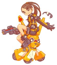  animification brown_eyes brown_hair female glasses gloves gun nakayama_tooru ponytail sunglasses super_sentai tokumei_sentai_go-busters unworn_eyewear usada_lettuce usami_youko weapon 