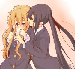  2girls biting black_hair blonde_hair blue_eyes blush breath brown_eyes commentary_request drooling ear_biting ear_blush eargasm k-on! kotobuki_tsumugi long_hair multiple_girls nakano_azusa sakuragaoka_high_school_uniform school_uniform shouma_keito tears twintails uncommon_stimulation yuri 