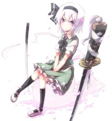  bad_id bad_pixiv_id black_hairband female hairband highres konpaku_youmu konpaku_youmu_(ghost) petals purple_eyes shiroshi_(denpa_eshidan) short_hair sitting smile solo sword touhou v_arms weapon white_hair 