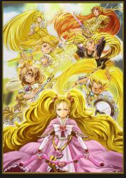  6+girls blonde_hair bow brooch choker color_connection commentary_request cone_hair_bun cure_lemonade cure_muse_(yellow) cure_peace cure_pine cure_sunshine dark_cure_(yes!_precure_5) dark_lemonade fresh_precure! futari_wa_precure futari_wa_precure_max_heart goru_(cure_golgom) group_picture hair_bun hair_color_connection hair_flaps heart heart_brooch heartcatch_precure! highres in-franchise_crossover jewelry kasugano_urara_(yes!_precure_5) kujou_hikari magical_girl multiple_girls myoudouin_itsuki orange_choker photoshop_(medium) precure serious shiny_luminous shirabe_ako skirt smile_precure suite_precure yamabuki_inori yayoi_kise yellow_bow yellow_choker yellow_skirt yellow_theme yes!_precure_5 