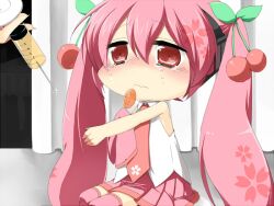  blush candy cherry chibi commentary_request detached_sleeves female food fruit hatsune_miku lollipop long_hair n39 necktie outstretched_arm pink_hair red_eyes sakura_miku sitting skirt syringe tears thighhighs twintails very_long_hair vocaloid 