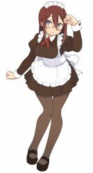  apron black_pantyhose blue_eyes blush breasts brown_hair commentary_request female glasses highres large_breasts maid maid_headdress original oza_watto pantyhose simple_background skirt solo wavy_mouth 