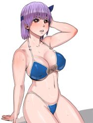  adjusting_hair arm_support arm_up ayane_(doa) bare_shoulders bikini blush breasts brown_eyes commentary_request covered_nipples dead_or_alive female hairband headband highleg highleg_bikini highleg_swimsuit large_breasts legs navel purple_hair red_eyes short_hair sweat swimsuit thighs thong_bikini underboob zenkou 