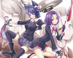  2girls black_dress black_gloves black_legwear black_skirt boots cardigan checkered_necktie commentary_request dress eyepatch fingerless_gloves glaive_(polearm) gloves grin halo headgear high_heel_boots high_heels kantai_collection long_sleeves looking_at_viewer mechanical_halo mitsucho mole mole_under_eye multiple_girls necktie photoshop_(medium) pleated_skirt polearm purple_eyes purple_hair red_eyes short_hair skirt sleeves_rolled_up smile sword tatsuta_(kancolle) tenryuu_(kancolle) thighhighs weapon zoom_layer 