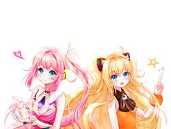  2girls aqua_eyes blonde_hair heart long_hair pink_hair ponytail seeu ssumbi twintails uni_(vocaloid) vocaloid white 