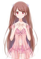  babydoll bad_id bad_pixiv_id brown_hair collarbone cowboy_shot female garter_belt hair_ribbon lingerie long_hair looking_at_viewer navel original panties pink_babydoll red_eyes ribbon see-through simple_background smile solo straight-on syno thighhighs underwear very_long_hair 