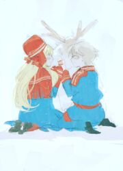  1boy aldnoah.zero asseylum_vers_allusia bad_id bad_pixiv_id blonde_hair blush female long_hair reindeer roku_(tsua-kihuyu) sami_clothes short_hair slaine_troyard smile winter_clothes 