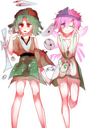  2others androgynous bad_deviantart_id bad_id bare_shoulders barefoot bow detached_sleeves fangs flower green_hair hakama hakama_short_skirt hakama_skirt headband highres japanese_clothes len&#039;en multiple_others one_eye_closed open_mouth other_focus para_(len&#039;en) pink_eyes pink_hair red_eyes shion_(len&#039;en) short_hair skirt smile toufu_tofu triangular_headpiece wings 