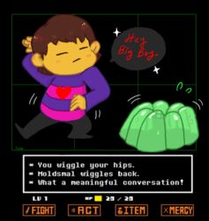  2015 ambiguous_gender brown_hair clothed clothing dancing dialogue duo english_text flirting foxdraft frisk_(undertale) hair heart_symbol human humor mammal moldsmal speech_bubble text undertale undertale_(series) what 