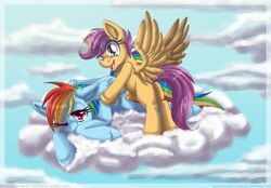  2013 adopted_(lore) adoptive_sibling_(lore) adoptive_sister_(lore) adoptive_sisters_(lore) blue_body blue_feathers blue_fur cloud duo equid equine feathered_wings feathers female feral friendship_is_magic fur hair hasbro inuhoshi-to-darkpen mammal multicolored_hair my_little_pony mythological_creature mythological_equine mythology one_eye_closed orange_body orange_fur outside pegasus purple_eyes purple_hair rainbow_dash_(mlp) rainbow_hair scootaloo_(mlp) sky skyscape wings young young_female young_feral 