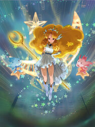  4suke blonde_hair boots commentary_request creature crescent crescent_facial_mark crown dress drill_hair facial_mark female forehead_mark frills full_body gloves hand_on_own_hip head_wings highres jewelry knee_boots long_hair necklace panel_de_pon payapaya seren_(panel_de_pon) smile solo staff star_(symbol) white_crown white_dress wings 