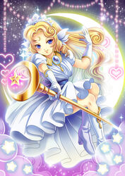  blonde_hair blue_eyes boots commentary_request crescent crescent_facial_mark crescent_moon crown curly_hair dress facial_mark female forehead_mark full_body gloves head_wings heart jewelry knee_boots long_hair moon necklace panel_de_pon ruitan_(rrruitan) seren_(panel_de_pon) smile solo sparkle staff white_crown white_dress wings 