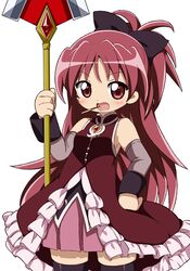  bad_id bad_pixiv_id bare_shoulders black_thighhighs blush detached_sleeves female food hand_on_own_hip long_hair magical_girl mahou_shoujo_madoka_magica mahou_shoujo_madoka_magica_(anime) meiro_(yuu) open_mouth pocky polearm ponytail red_eyes red_hair sakura_kyoko sakura_kyoko_(magical_girl) simple_background solo spear thighhighs weapon zettai_ryouiki 