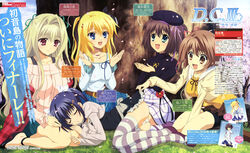  5girls :d absurdres cherry_blossoms closed_eyes da_capo da_capo_iii dengeki_g&#039;s hat highres hinomoto_aoi katsuragi_himeno lap_pillow long_hair lying magazine_scan morizono_rikka multiple_girls nishio_kouhaku official_art on_side open_mouth panties pantyshot petals rukawa_sara scan short_hair sitting sleeping smile striped_clothes striped_thighhighs thighhighs tree underwear yoshino_charles 