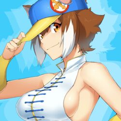  adjusting_clothes adjusting_headwear animal_ears bare_shoulders baseball_cap blazblue breasts brown_eyes brown_hair chinese_clothes commentary_request cosplay female hat highres large_breasts looking_at_viewer makoto_nanaya multicolored_hair purinnssu short_hair sideboob smile solo squirrel_ears squirrel_girl street_fighter street_fighter_iii_(series) taut_clothes two-tone_hair upper_body white_hair yun_lee yun_lee_(cosplay) 