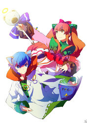  1boy animal_ears blue_eyes blue_hair book bow brown_eyes brown_hair cat_ears collar commentary_request dress female hair_ribbon halo holding holding_wand in-franchise_crossover lab_coat leon_geeste long_hair lymle_lemuri_phi photoshop_(medium) ribbon sidelocks smile so3fans star_ocean star_ocean_the_last_hope star_ocean_the_second_story twintails wand 