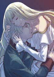  1boy aldnoah.zero asseylum_vers_allusia bare_shoulders blonde_hair closed_eyes commentary_request female hug long_hair midriff military military_uniform nana_(t-a-f) short_hair slaine_troyard tears uniform white_hair 