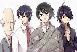  4boys ahoge arakawa_under_the_bridge araragi_koyomi bakemonogatari bald black_hair commentary_request company_connection creator_connection crossover eyebrows facial_hair formal glasses hidamari_sketch ichinomiya_kou itoshiki_nozomu japanese_clothes kamiya_hiroshi kimono kotera_(koterabyte) male_focus monogatari_(series) moustache multiple_boys multiple_crossover naoetsu_high_school_uniform necktie principal_(hidamari_sketch) sayonara_zetsubou_sensei school_uniform shaft_(company) simple_background suit voice_actor_connection 