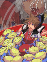  2boys alien antennae awestruck blue_eyes brown_hair commentary_request crane_game crossover disney extra_eyes female fingerless_gloves gloves hood_grab in_crane_game jewelry kairi_(kingdom_hearts) kingdom_hearts kingdom_hearts_i little_green_men looking_at_another mini_person miniboy multiple_boys necklace ohji130 open_mouth red_hair riku_(kingdom_hearts) short_hair size_difference sora_(kingdom_hearts) third_eye toy_story 