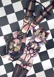  2boys blonde_hair bondage bondage bound boy chains chains crossdressing crossdressing dual_persona fetish fetish_wear male male_focus multicolored_hair multiple_boys mutou_yugi mutou_yuugi purple_eyes short_hair slave slaves thighhighs trap yami_yugi yami_yuugi yu-gi-oh! yuu-gi-ou_duel_monsters 