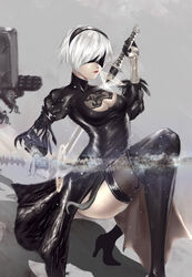  breasts covered_eyes dress female female nier_(series) nier_automata short_hair sword weapon yorha_unit_no._2_type_b 